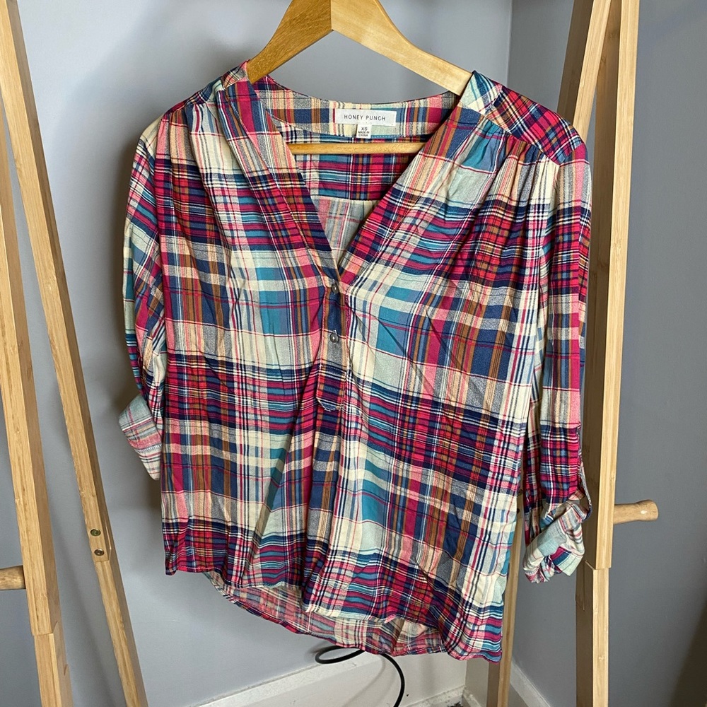 Honey Punch Leandro Henley Plaid Top